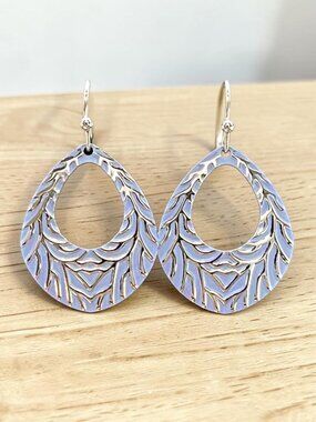 Blue Feather Teardrop Drop Earrings | Silver Tone